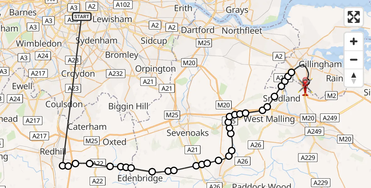 Flight route Air Ambulance Helicopter Kings College London Hospital - Rochester Airport, 06 June 2026, 11:07