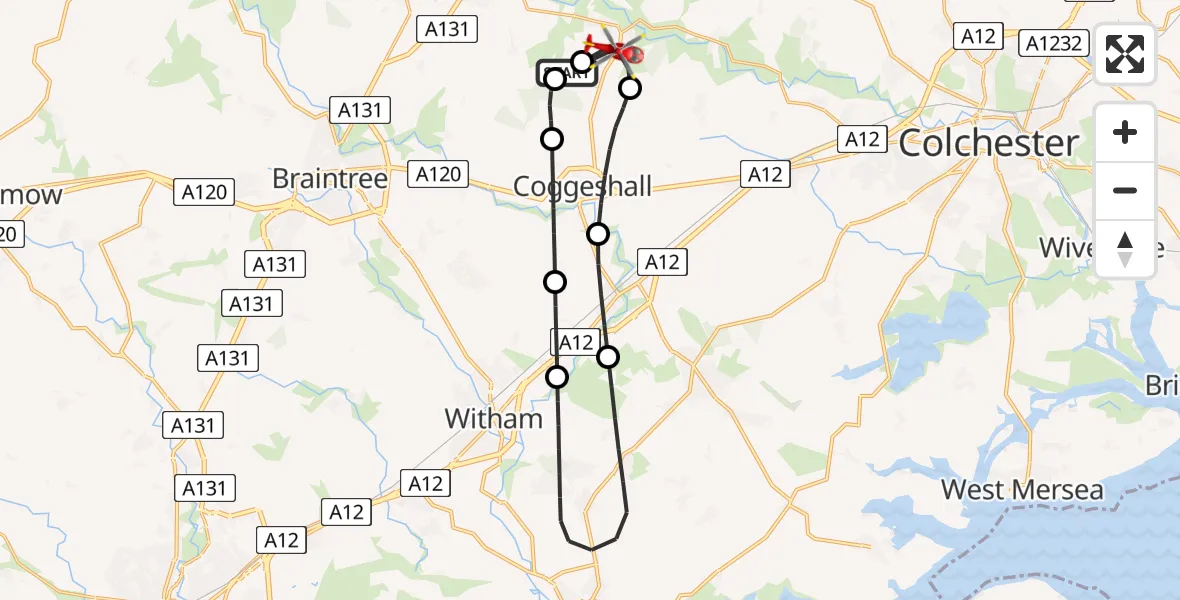 Flight route Air Ambulance Helicopter Earls Colne Airfield - Braintree, 06 June 2026, 11:09