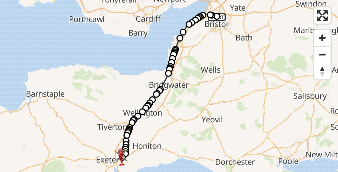 Flight route Air Ambulance Helicopter Southmead Hospital - Exeter International Airport, 06 June 2026, 11:12