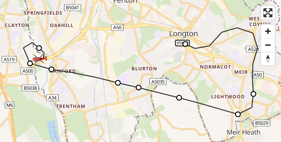 Flight route Air Ambulance Helicopter Longton - Stoke, 06 June 2026, 11:13