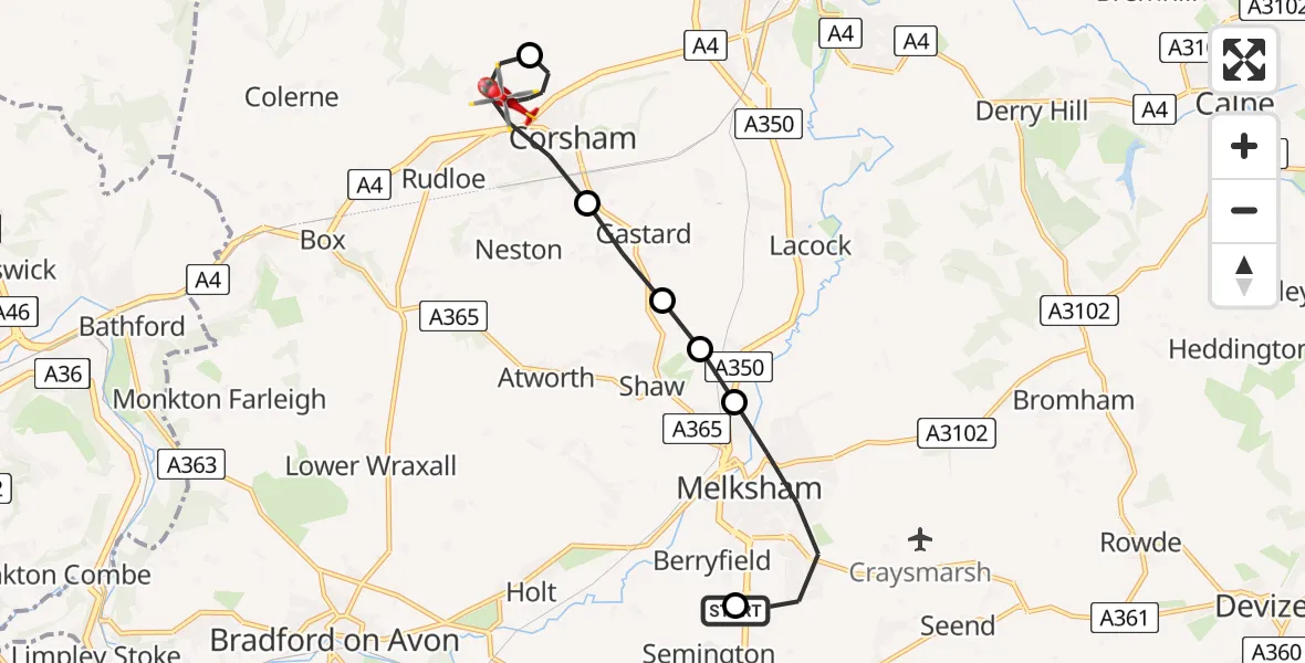 Flight route Air Ambulance Helicopter Wiltshire Air Ambulance - Biddestone, 06 June 2026, 11:18