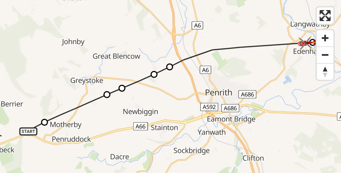 Flight route Air Ambulance Helicopter Motherby - Edenhall, 06 June 2026, 11:21