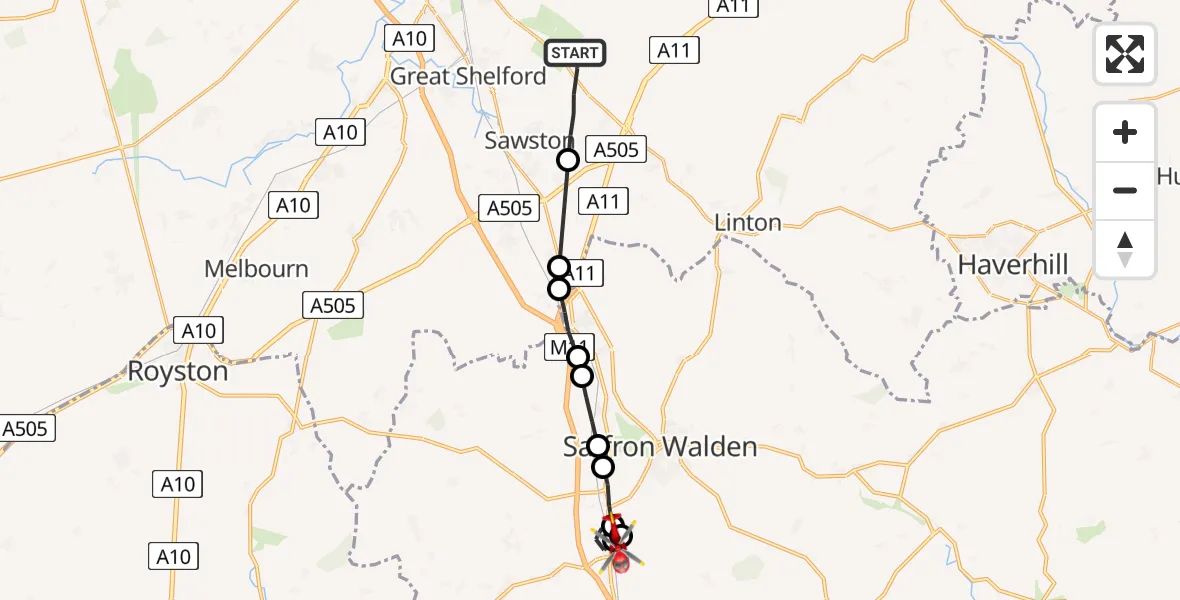 Flight route Air Ambulance Helicopter Babraham - Newport, 06 June 2026, 11:30