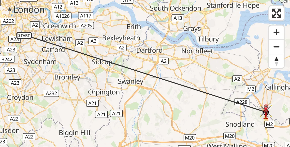 Flight route Air Ambulance Helicopter Kings College London Hospital - Rochester Airport, 06 June 2026, 11:33