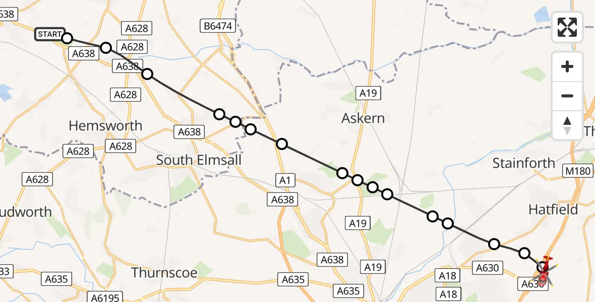 Flight route Air Ambulance Helicopter YAA Nostell Helicopter Port - Old Cantley, 06 June 2026, 11:44
