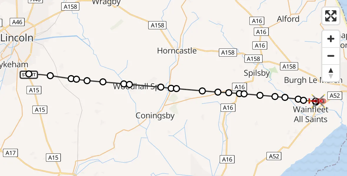 Flight route Air Ambulance Helicopter RAF Waddington - Croft, 06 June 2026, 12:07