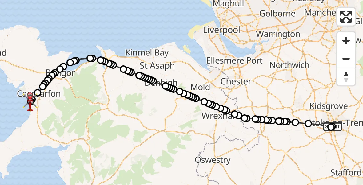 Flight route Air Ambulance Helicopter University Hospital North Staffs - Caernarfon Airport, 06 June 2026, 12:09