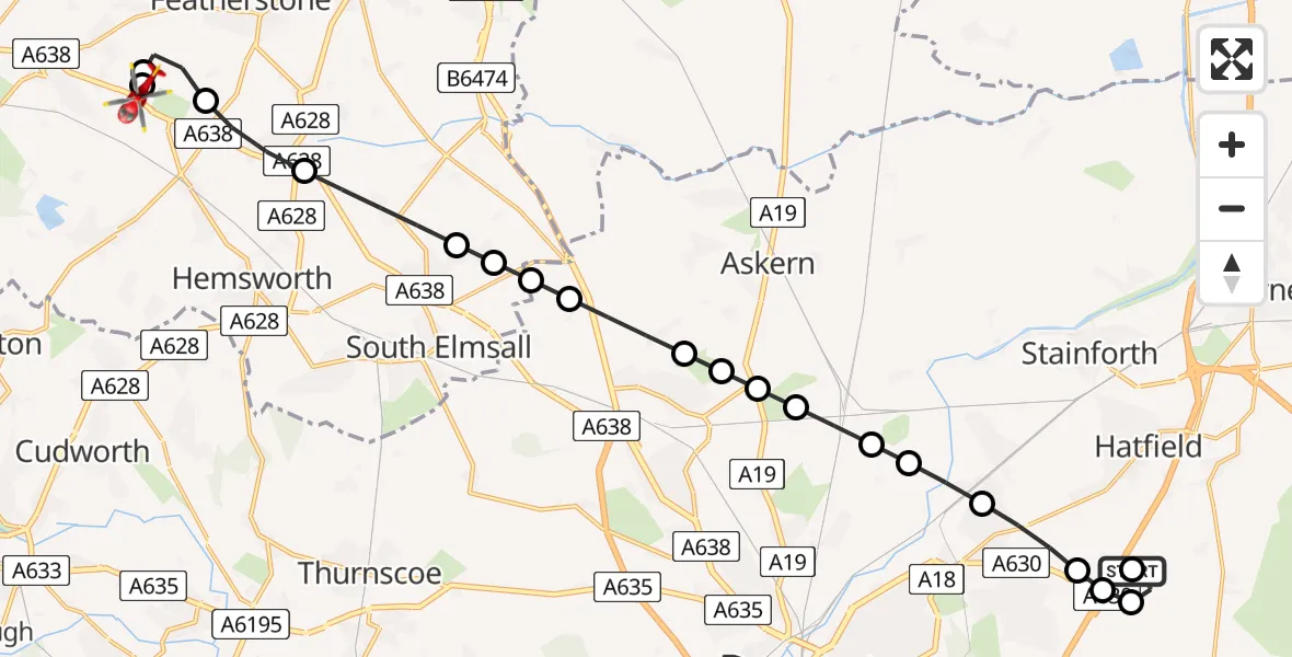 Flight route Air Ambulance Helicopter Old Cantley - YAA Nostell Helicopter Port, 06 June 2026, 12:14