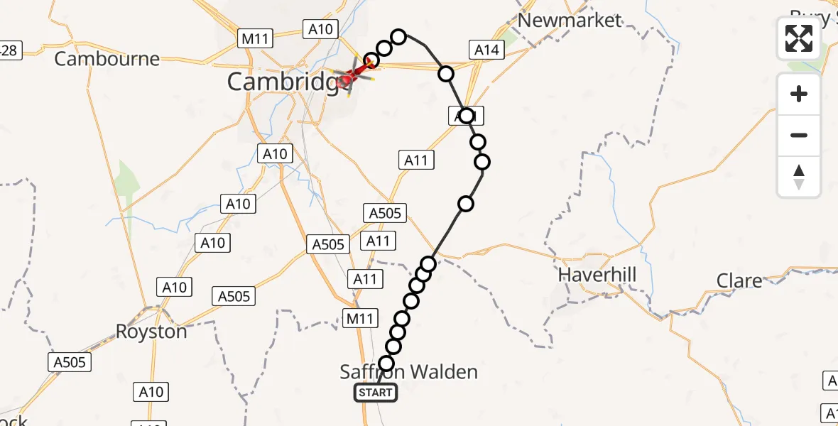 Flight route Air Ambulance Helicopter Wendens Ambo - Cambridge City Airport, 06 June 2026, 12:16