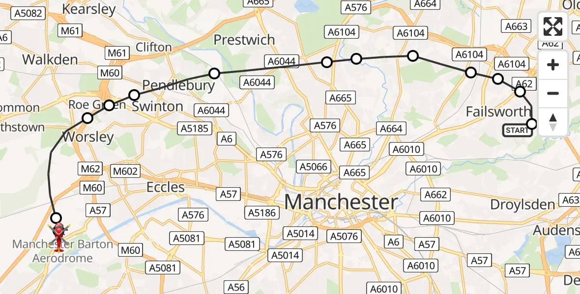 Flight route Air Ambulance Helicopter Failsworth - Manchester Barton Aerodrome, 06 June 2026, 12:17