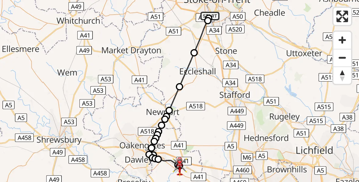 Flight route Air Ambulance Helicopter Stoke - Tong, 06 June 2026, 12:30