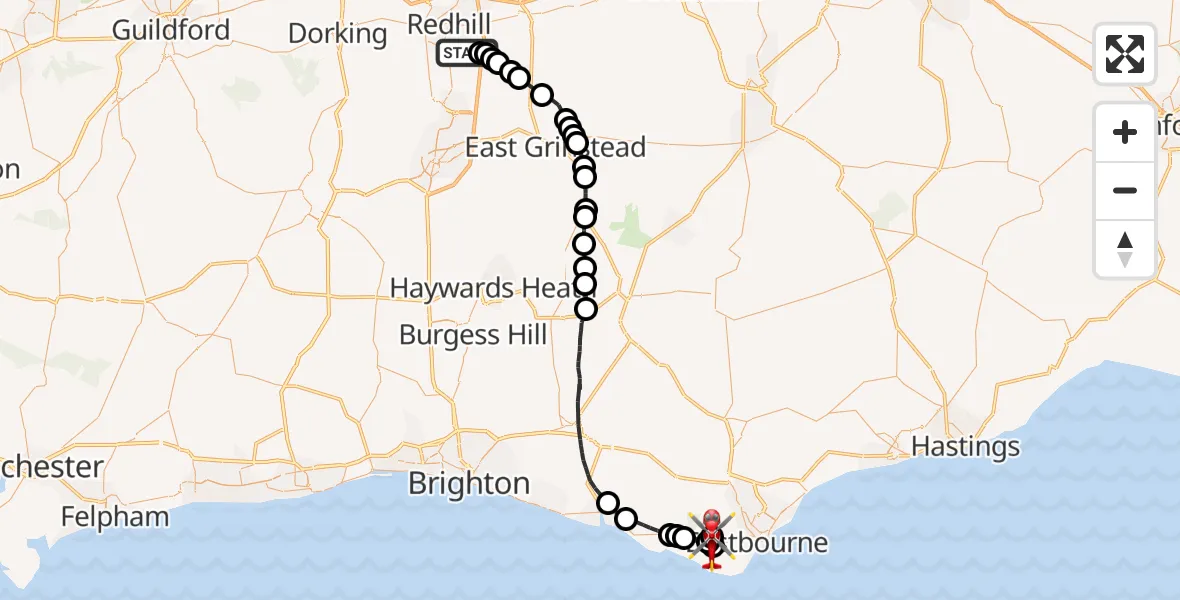 Flight route Air Ambulance Helicopter Redhill Aerodrome - East Dean, 06 June 2026, 12:33