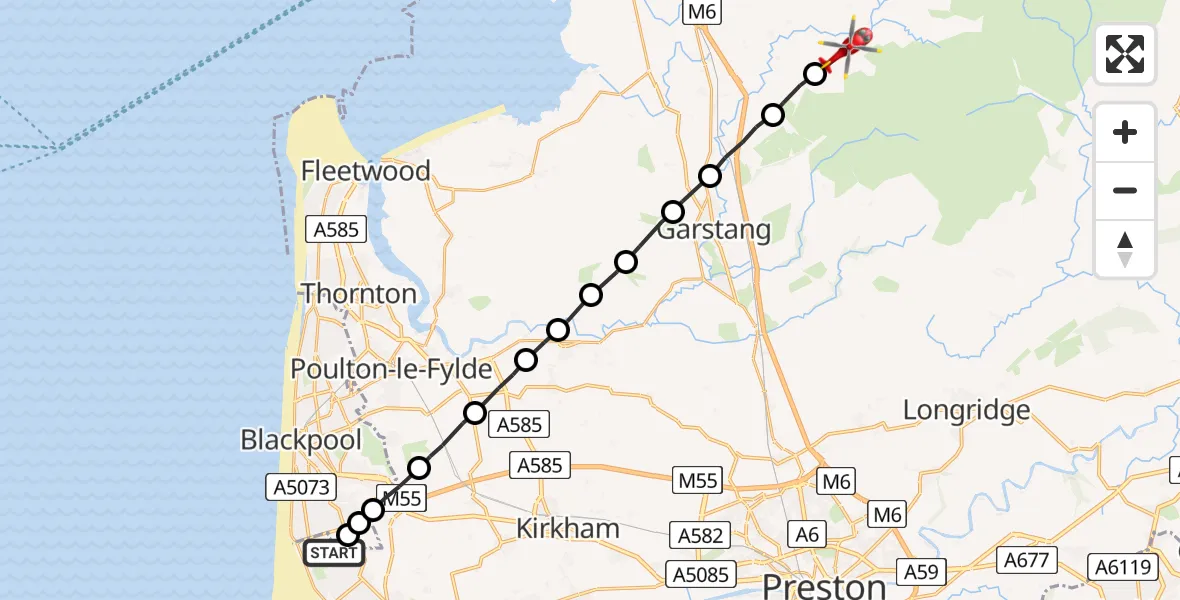 Flight route Air Ambulance Helicopter Blackpool Airport - Lancaster, 06 June 2026, 12:42