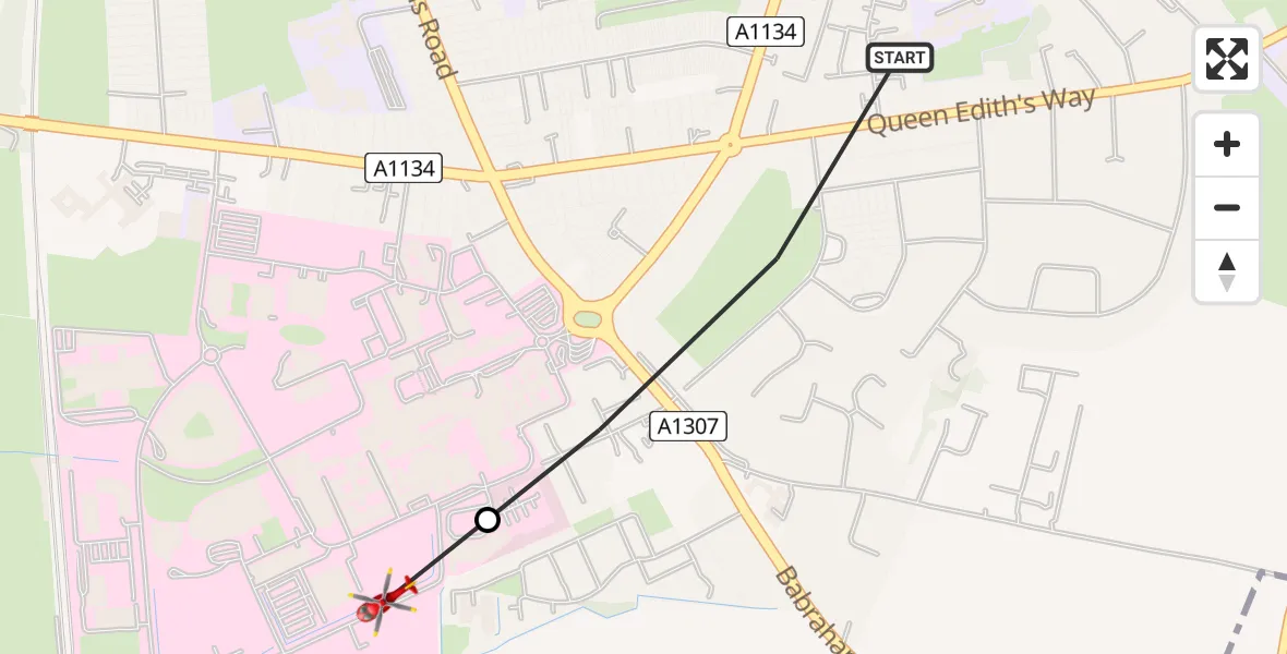 Flight route Air Ambulance Helicopter Cambridge - Addenbrooke's Hospital Helipad, 06 June 2026, 13:05