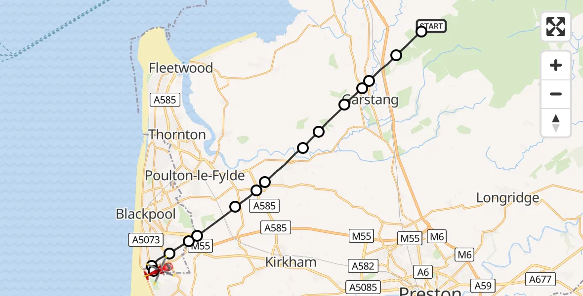 Flight route Air Ambulance Helicopter Lancaster - Blackpool Airport, 06 June 2026, 13:30