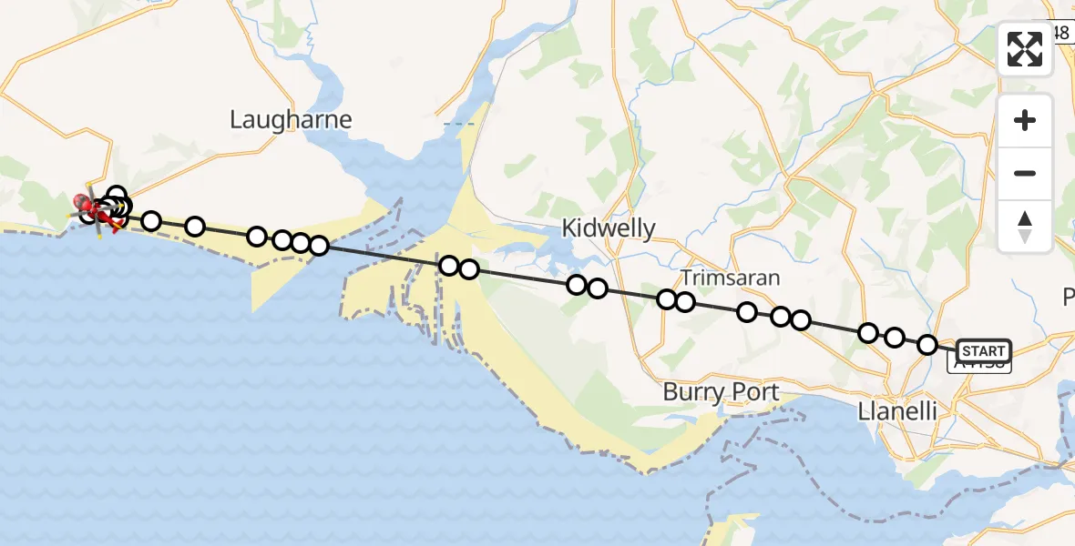 Flight route Air Ambulance Helicopter Dafen - Pendine, 06 June 2026, 13:30
