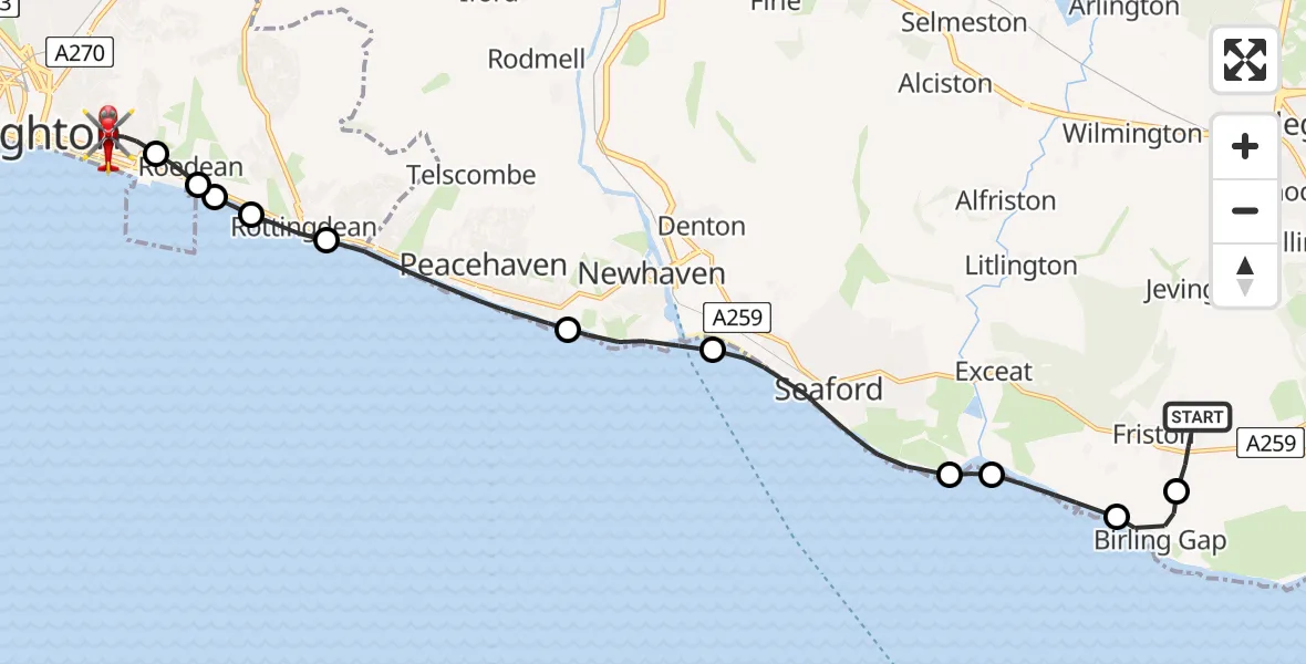 Flight route Air Ambulance Helicopter East Dean - Brighton, 06 June 2026, 13:40