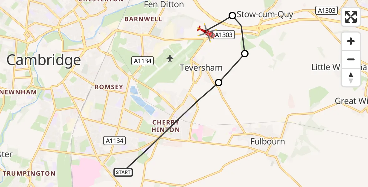Flight route Air Ambulance Helicopter Cambridge - Fen Ditton, 06 June 2026, 13:42