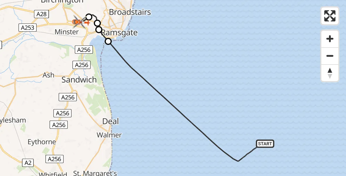 Flight route Coastguard Helicopter North Sea - Manston Airport, 06 June 2026, 13:57