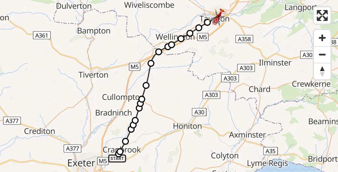 Flight route Air Ambulance Helicopter Exeter International Airport - Taunton, 06 June 2026, 14:02