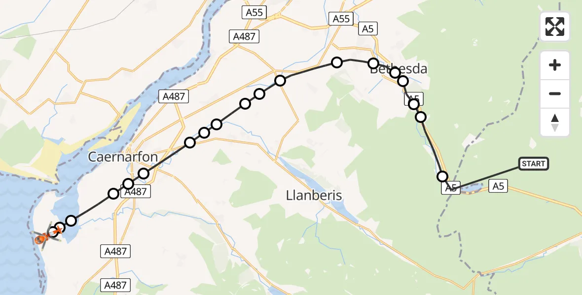 Flight route Coastguard Helicopter Capel Curig - Caernarfon Airport, 06 June 2026, 14:12