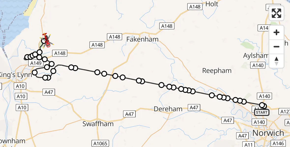 Flight route Air Ambulance Helicopter Norwich Airport - Sandringham, 06 June 2026, 14:16