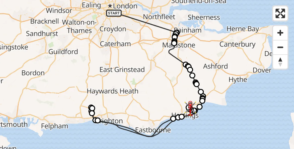 Flight route Air Ambulance Helicopter Kings College London Hospital - Guestling, 06 June 2026, 14:23