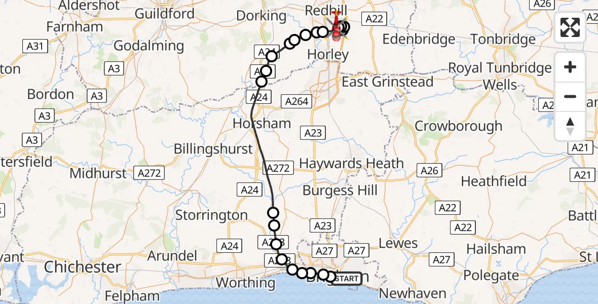 Flight route Air Ambulance Helicopter Brighton - Redhill Aerodrome, 06 June 2026, 14:38