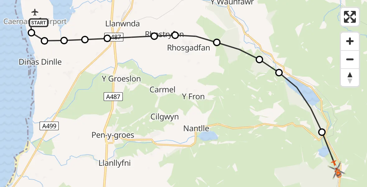 Flight route Coastguard Helicopter Caernarfon Airport - Rhyd-ddu, 06 June 2026, 14:42
