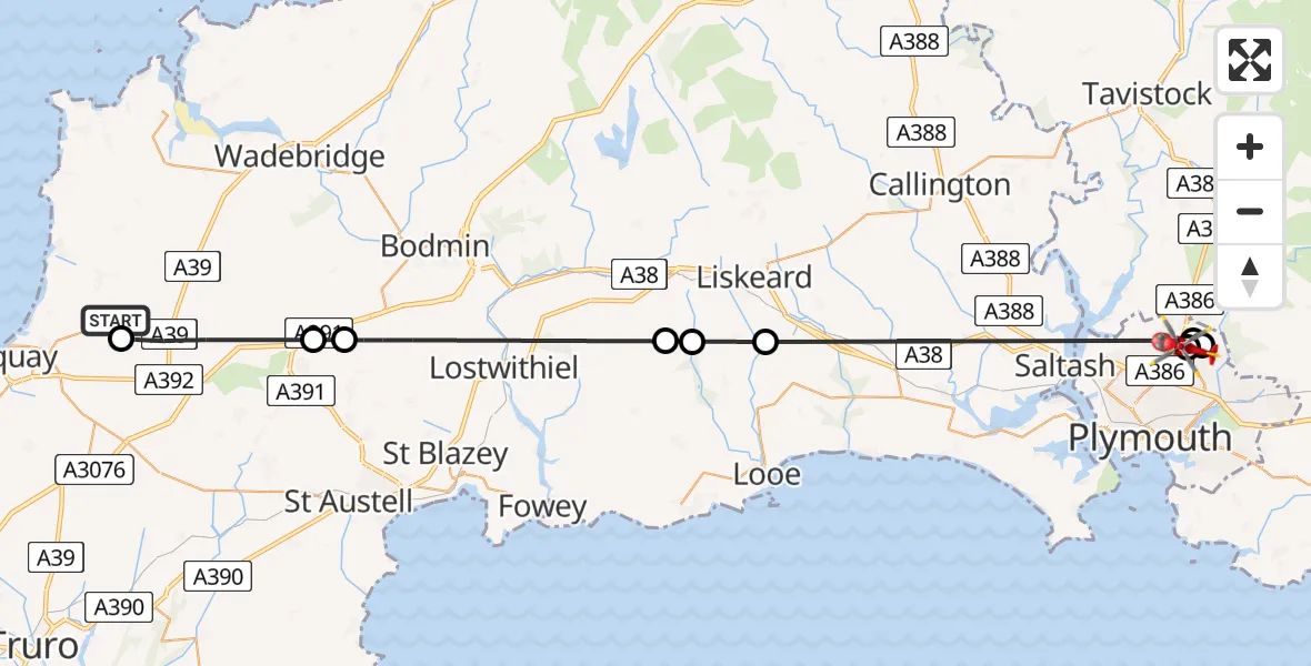 Flight route Air Ambulance Helicopter Cornwall Airport Newquay - Derriford Hospital, 06 June 2026, 14:46