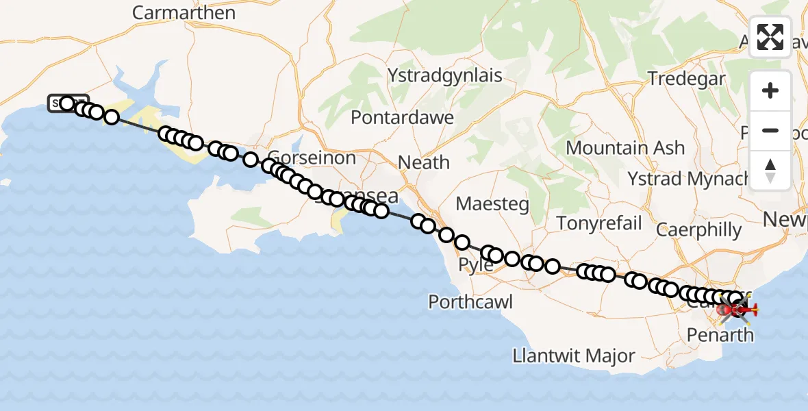Flight route Air Ambulance Helicopter Pendine - Cardiff Heliport, 06 June 2026, 14:53