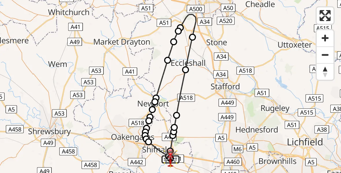 Flight route Air Ambulance Helicopter RAF Cosford - Tong, 06 June 2026, 15:06