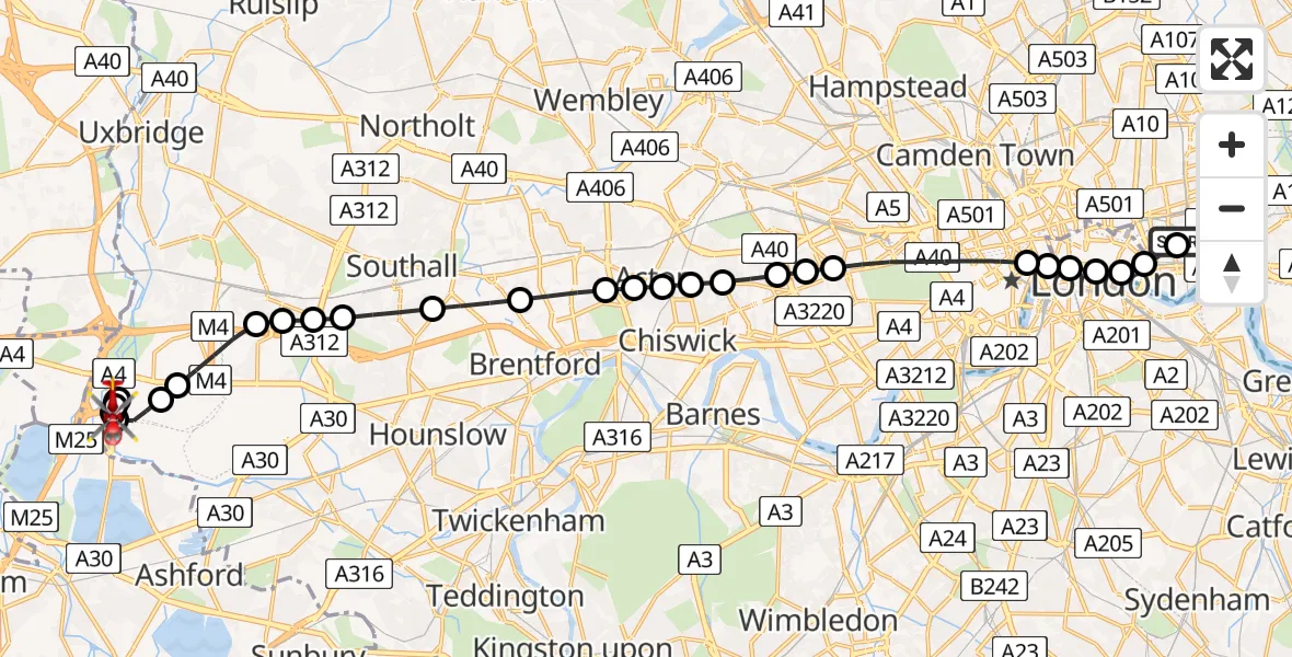 Flight route Air Ambulance Helicopter Royal London Hospital - Hillingdon, 06 June 2026, 15:11