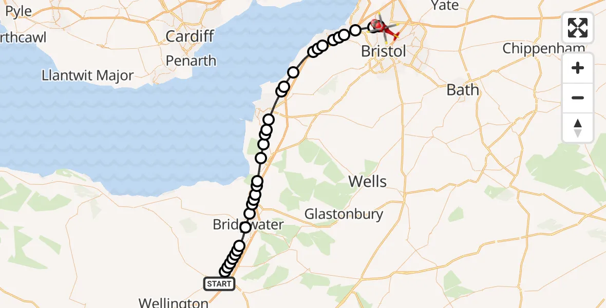 Flight route Air Ambulance Helicopter Taunton - Bristol, 06 June 2026, 15:20