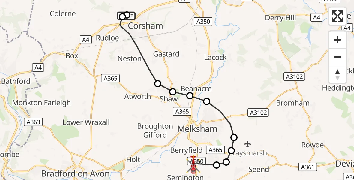 Flight route Air Ambulance Helicopter Corsham - Wiltshire Air Ambulance, 06 June 2026, 15:27