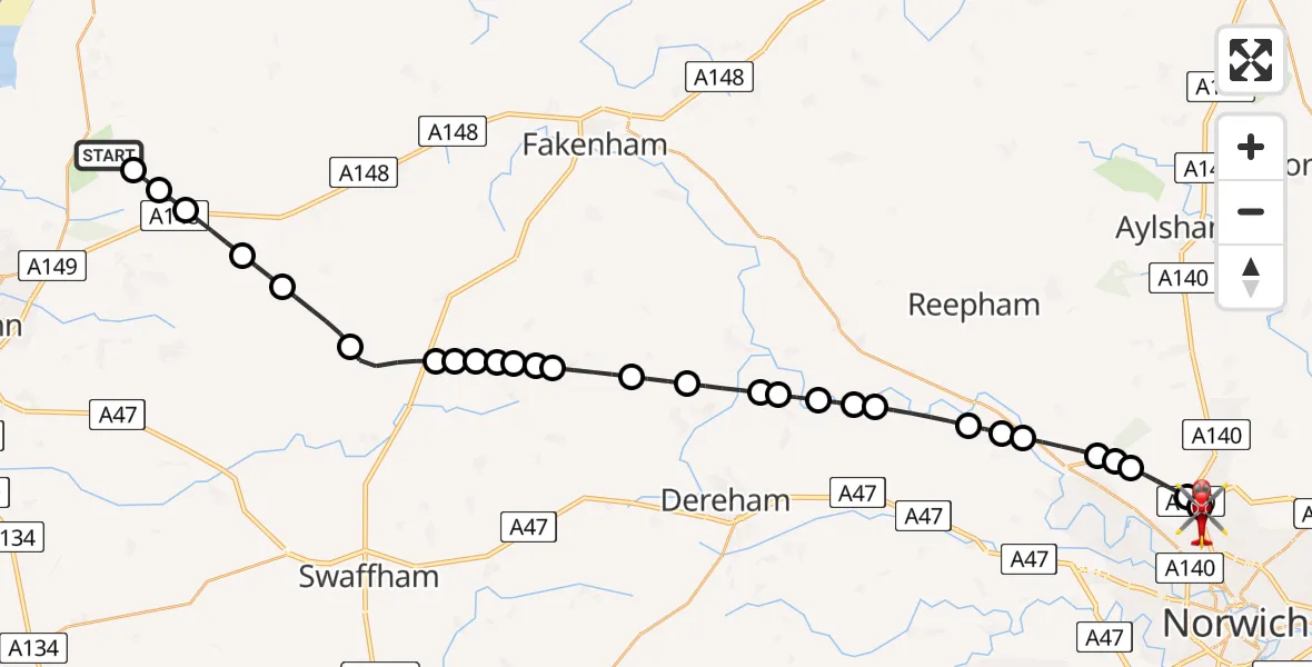 Flight route Air Ambulance Helicopter Sandringham - Norwich Airport, 06 June 2026, 15:33