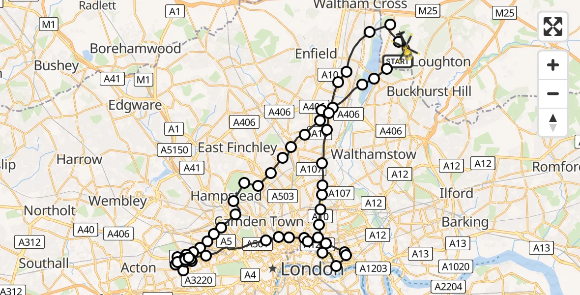 Flight route Police Helicopter Sewardstonebury - Sewardstonebury, 06 June 2026, 15:42