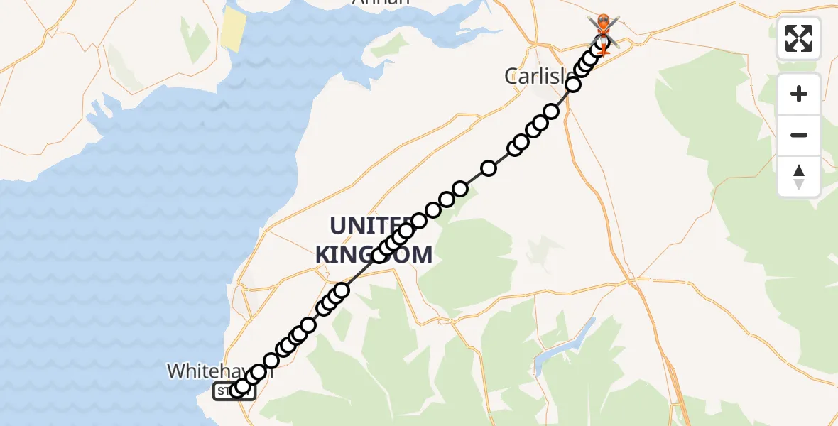 Flight route Coastguard Helicopter West Cumberland Hospital Helipad - Carlisle Lake District Airport, 06 June 2026, 15:51