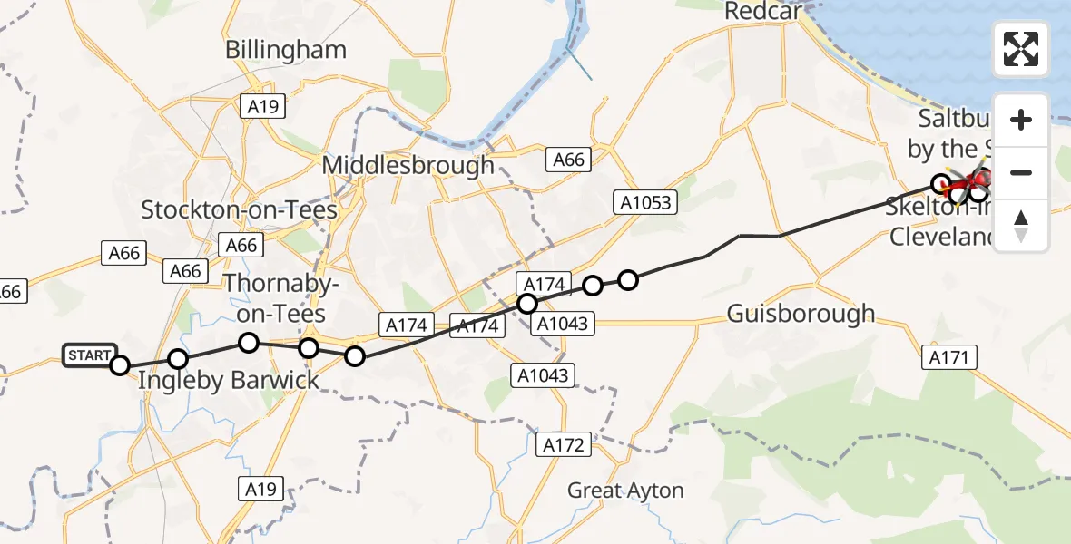 Flight route Air Ambulance Helicopter Egglescliffe - North Skelton, 06 June 2026, 15:53