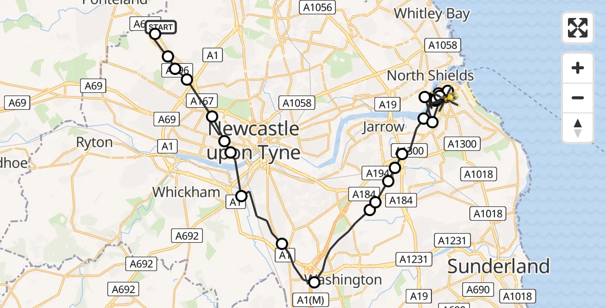Flight route Police Helicopter Newcastle International Airport - South Shields, 06 June 2026, 16:01