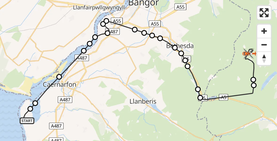 Flight route Coastguard Helicopter Caernarfon Airport - Caerhun, 06 June 2026, 16:06