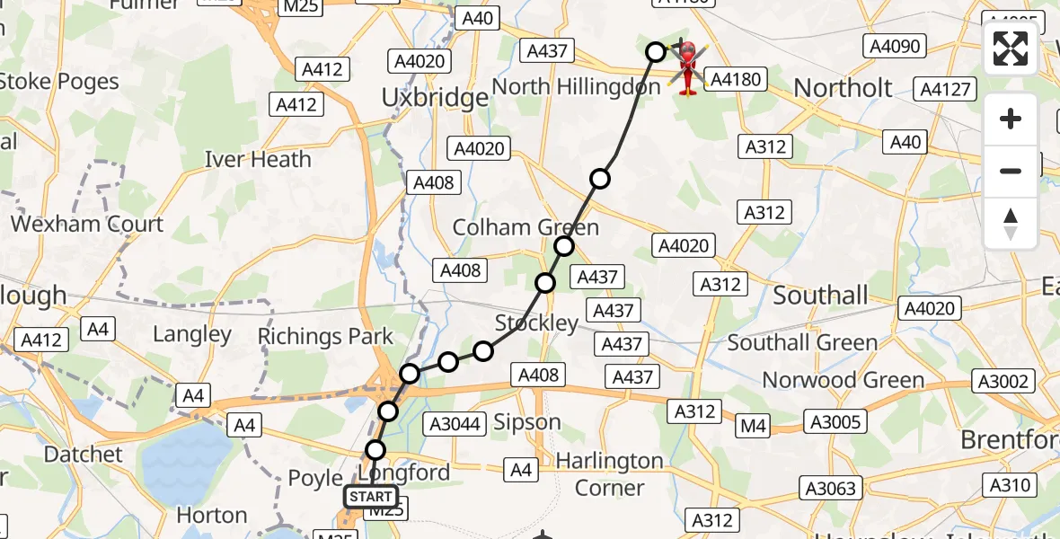 Flight route Air Ambulance Helicopter Hillingdon - RAF Northolt, 06 June 2026, 16:07