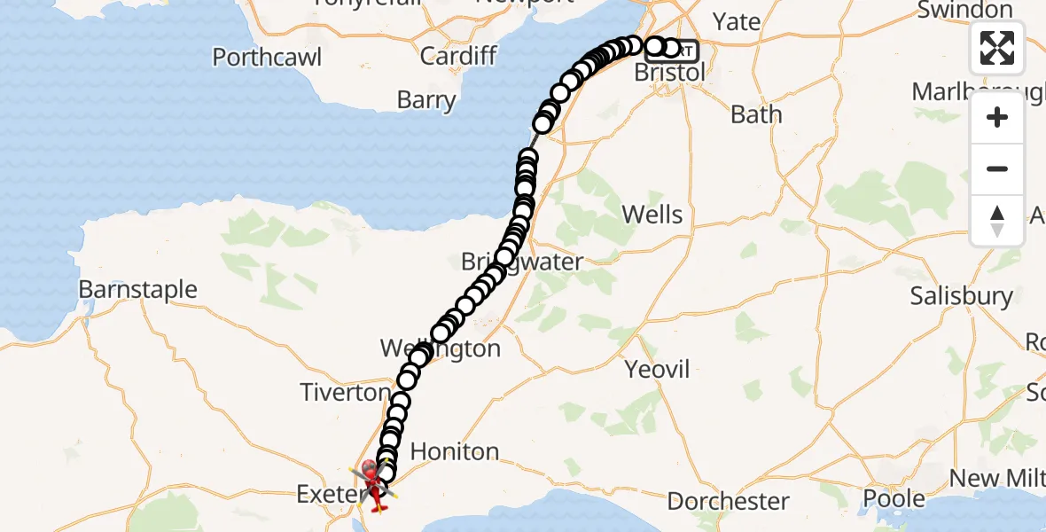 Flight route Air Ambulance Helicopter Southmead Hospital - Exeter International Airport, 06 June 2026, 16:12