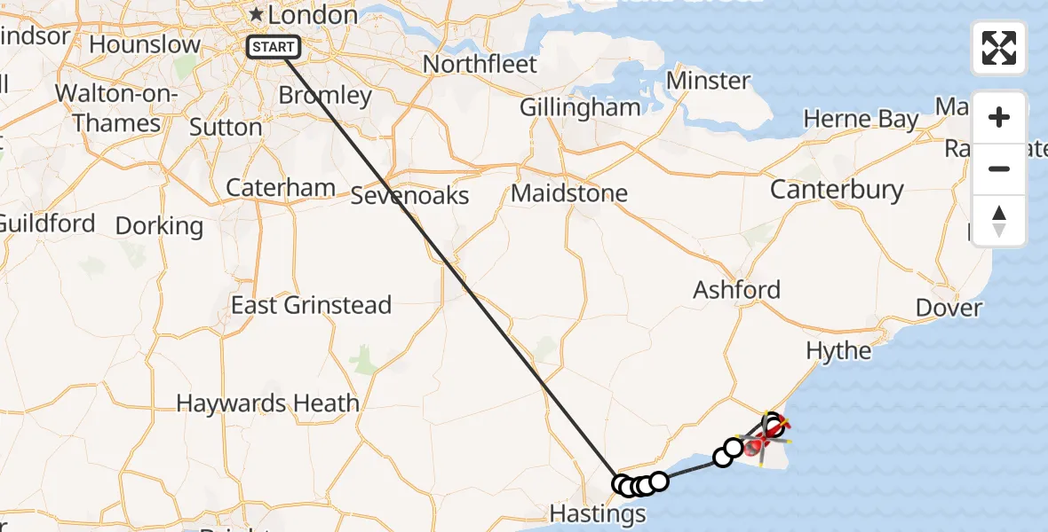 Flight route Air Ambulance Helicopter Kings College London Hospital - Lydd London Ashford Airport, 06 June 2026, 16:12