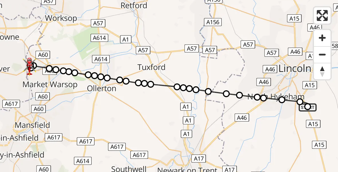 Flight route Air Ambulance Helicopter RAF Waddington - Bolsover, 06 June 2026, 16:14
