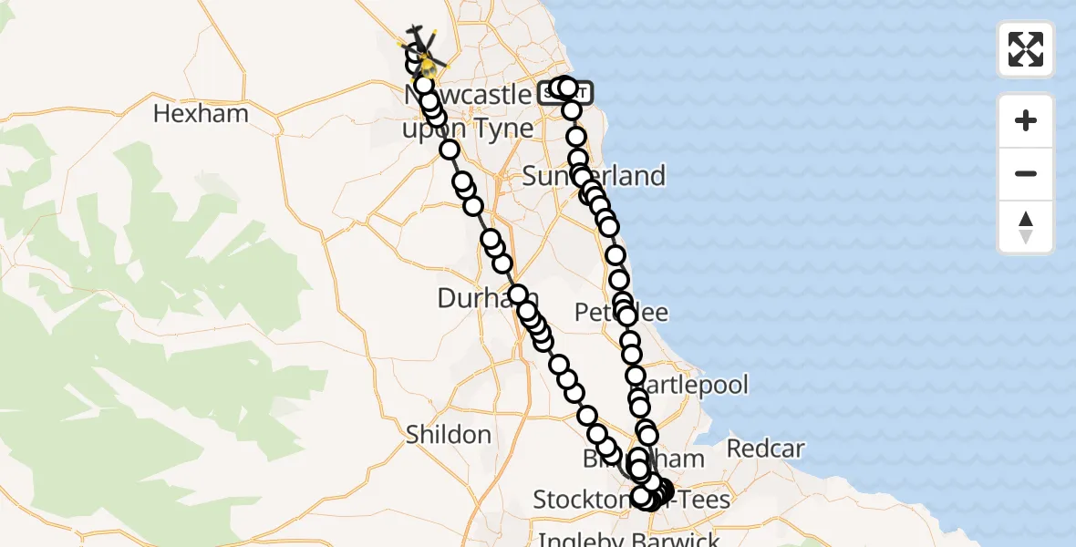 Flight route Police Helicopter South Shields - Newcastle International Airport, 06 June 2026, 16:26