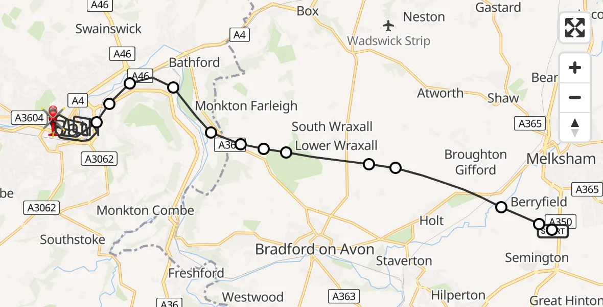 Flight route Air Ambulance Helicopter Wiltshire Air Ambulance - Bath, 06 June 2026, 16:34