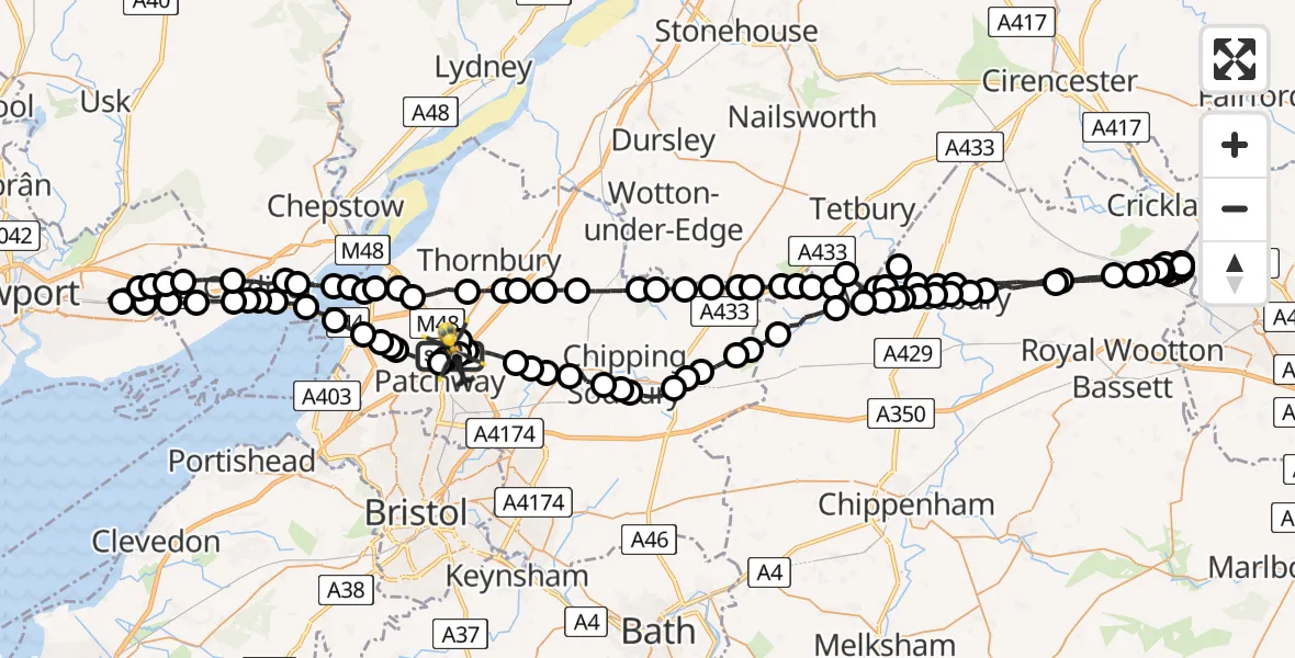 Flight route Police Helicopter Almondsbury Helicopter Base - Almondsbury Helicopter Base, 06 June 2026, 16:35