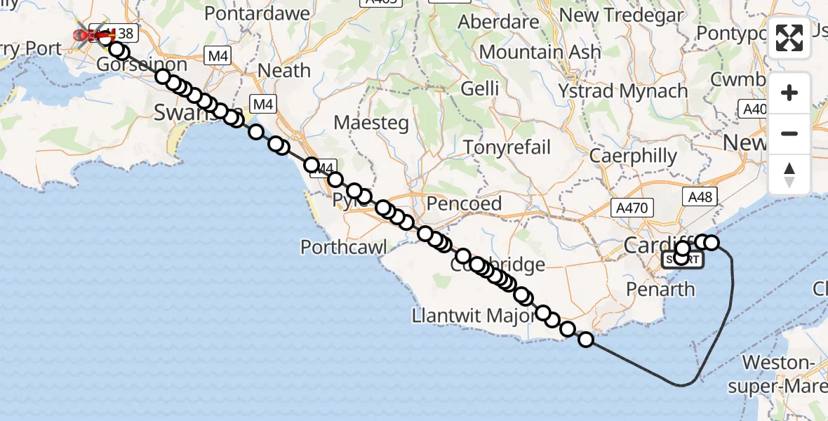 Flight route Air Ambulance Helicopter Cardiff Heliport - Dafen, 06 June 2026, 16:40
