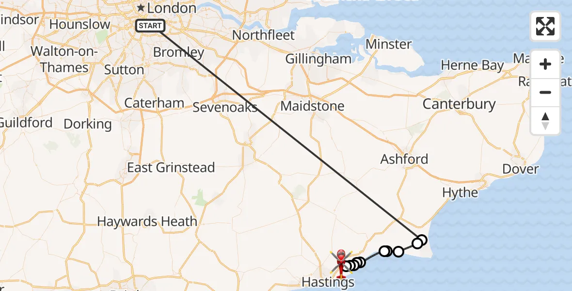 Flight route Air Ambulance Helicopter Kings College London Hospital - Guestling, 06 June 2026, 16:40